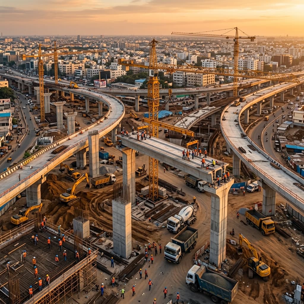 Active highway construction site with earthmoving machinery and workers
