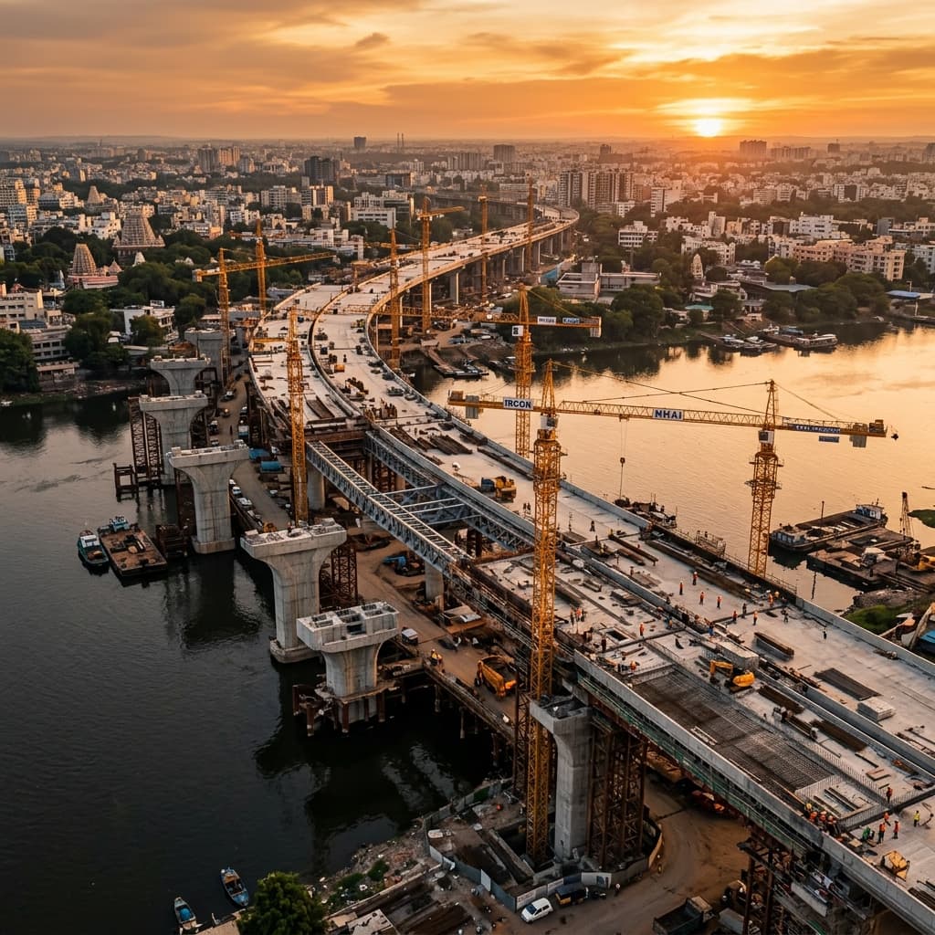 Aerial view of major bridge infrastructure project under construction