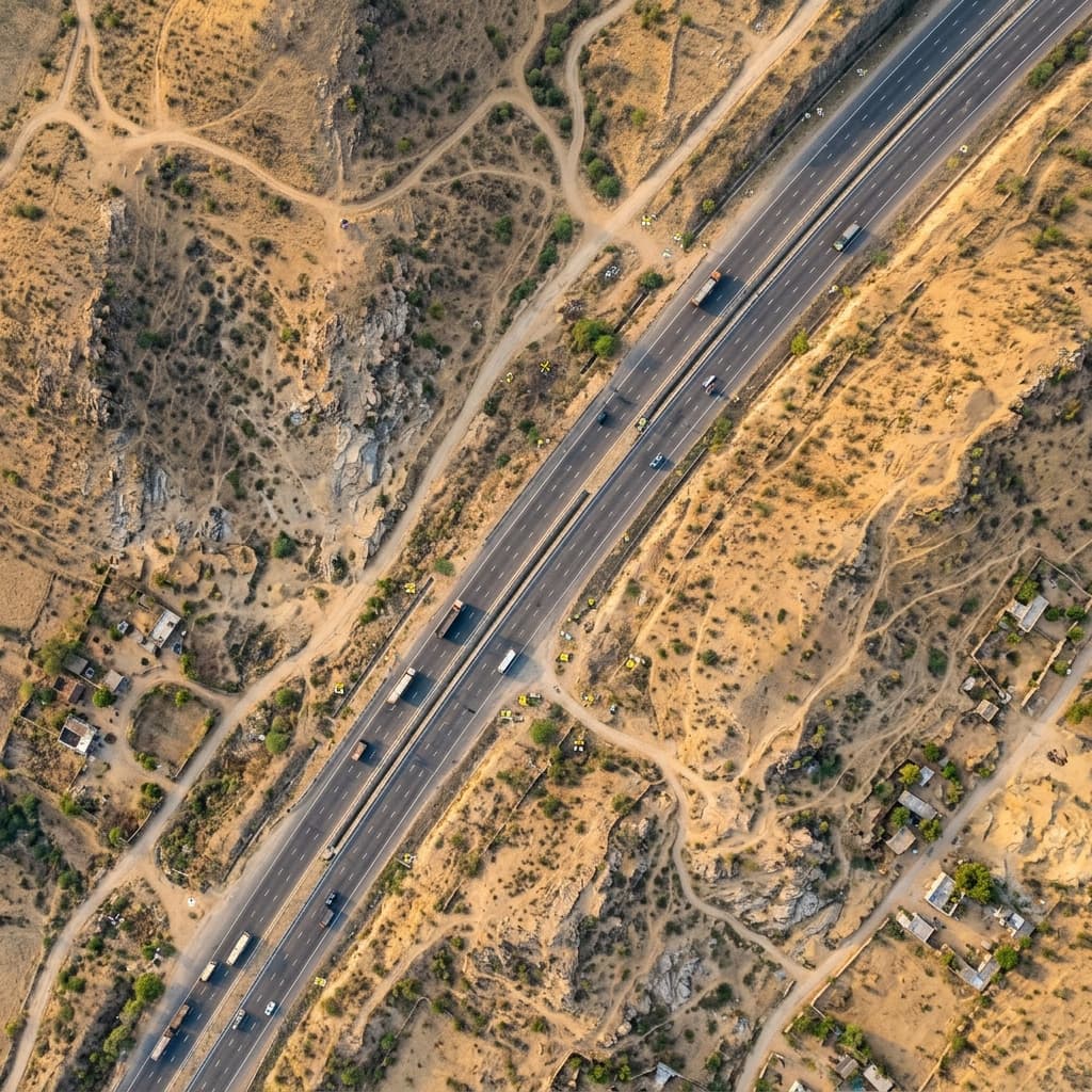 Aerial drone view of a national highway corridor cutting through Indian terrain