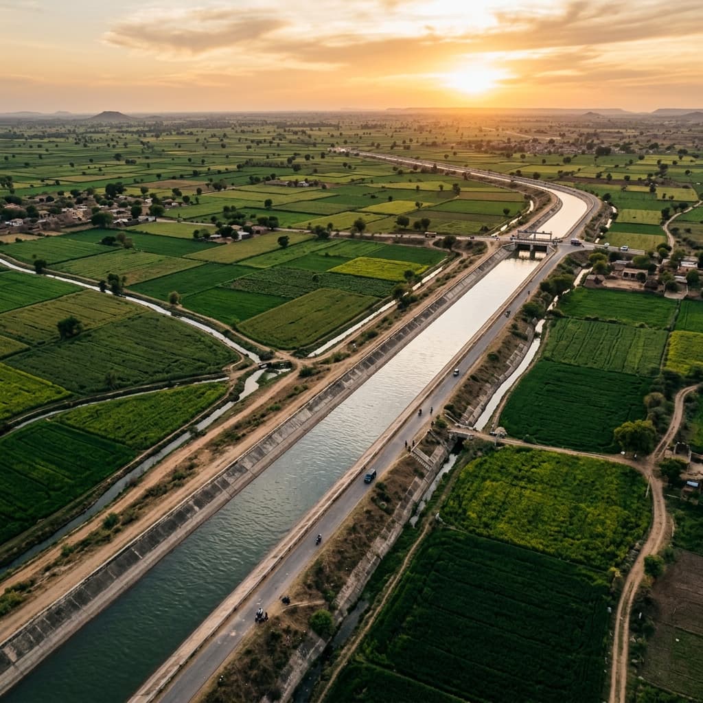 Aerial drone view of large irrigation canals through agricultural farmland