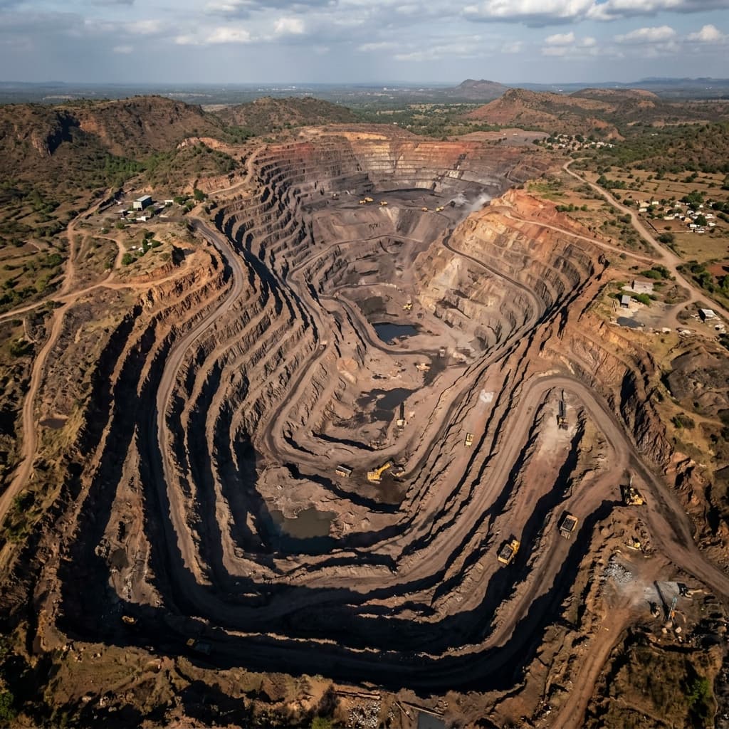 Aerial photograph of an open-cast mining operation in India