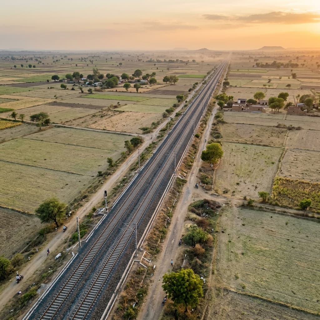 Aerial drone view of railway tracks disappearing to the horizon