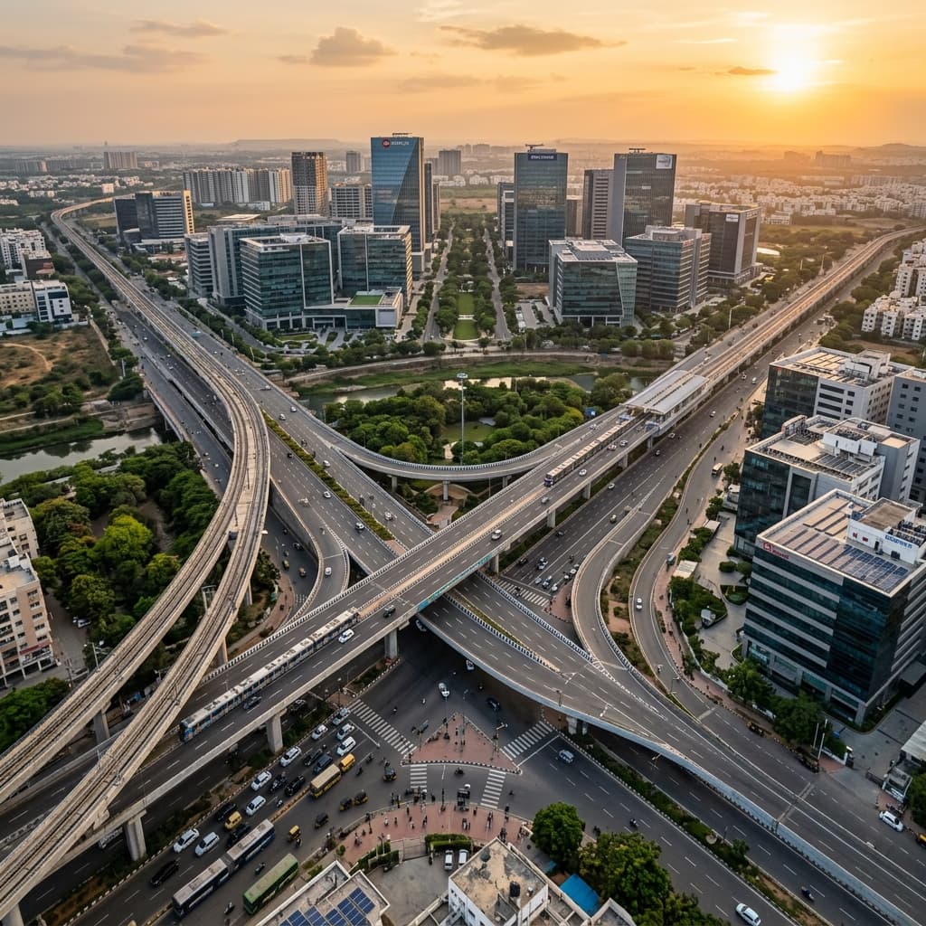 Aerial view of a modern smart city at golden hour showing organized urban infrastructure