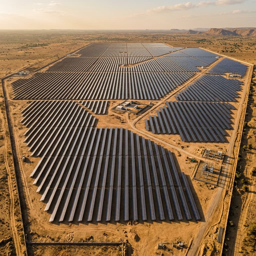 Aerial view of a large solar power plant with geometric panel arrays in Rajasthan