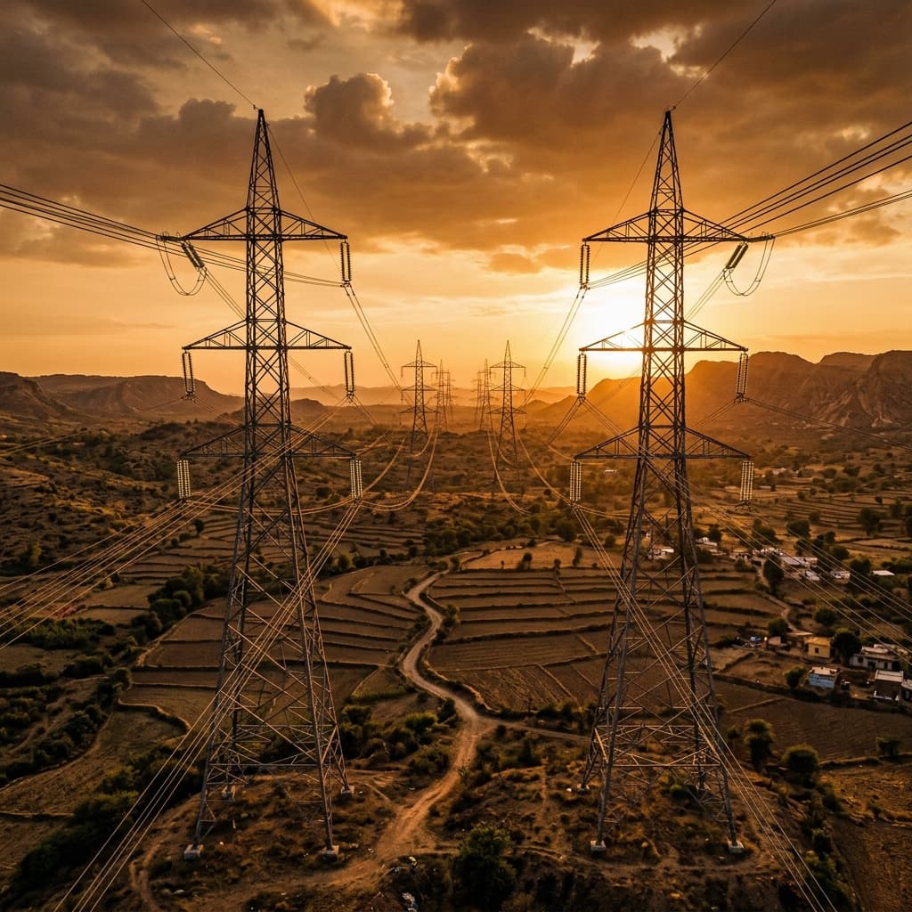 Aerial photography of high-voltage transmission towers stretching to the horizon