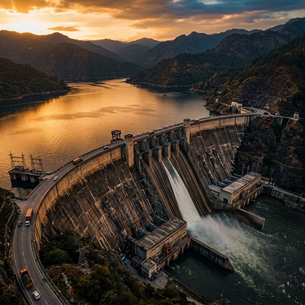 Aerial view of a large dam and reservoir at golden hour