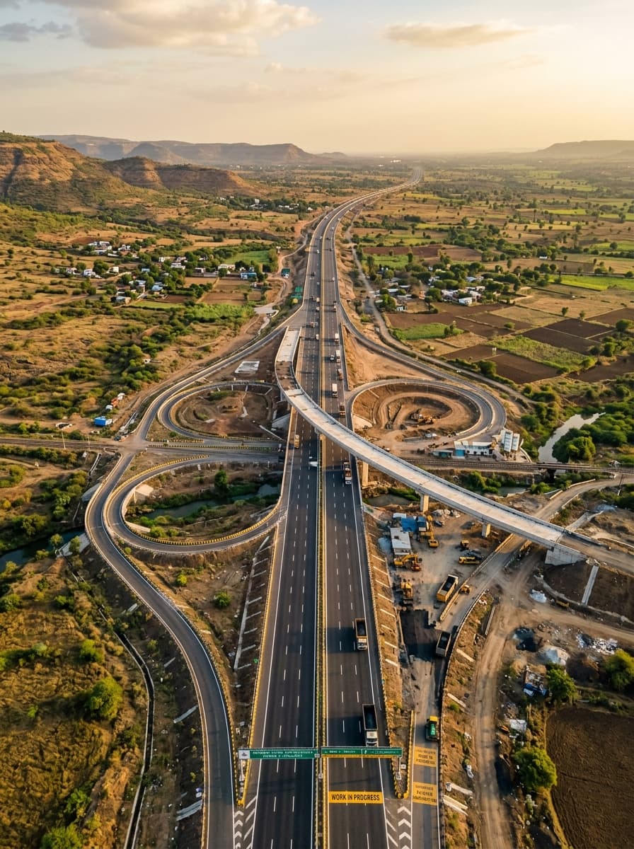 Aerial view of a major highway expressway interchange under construction