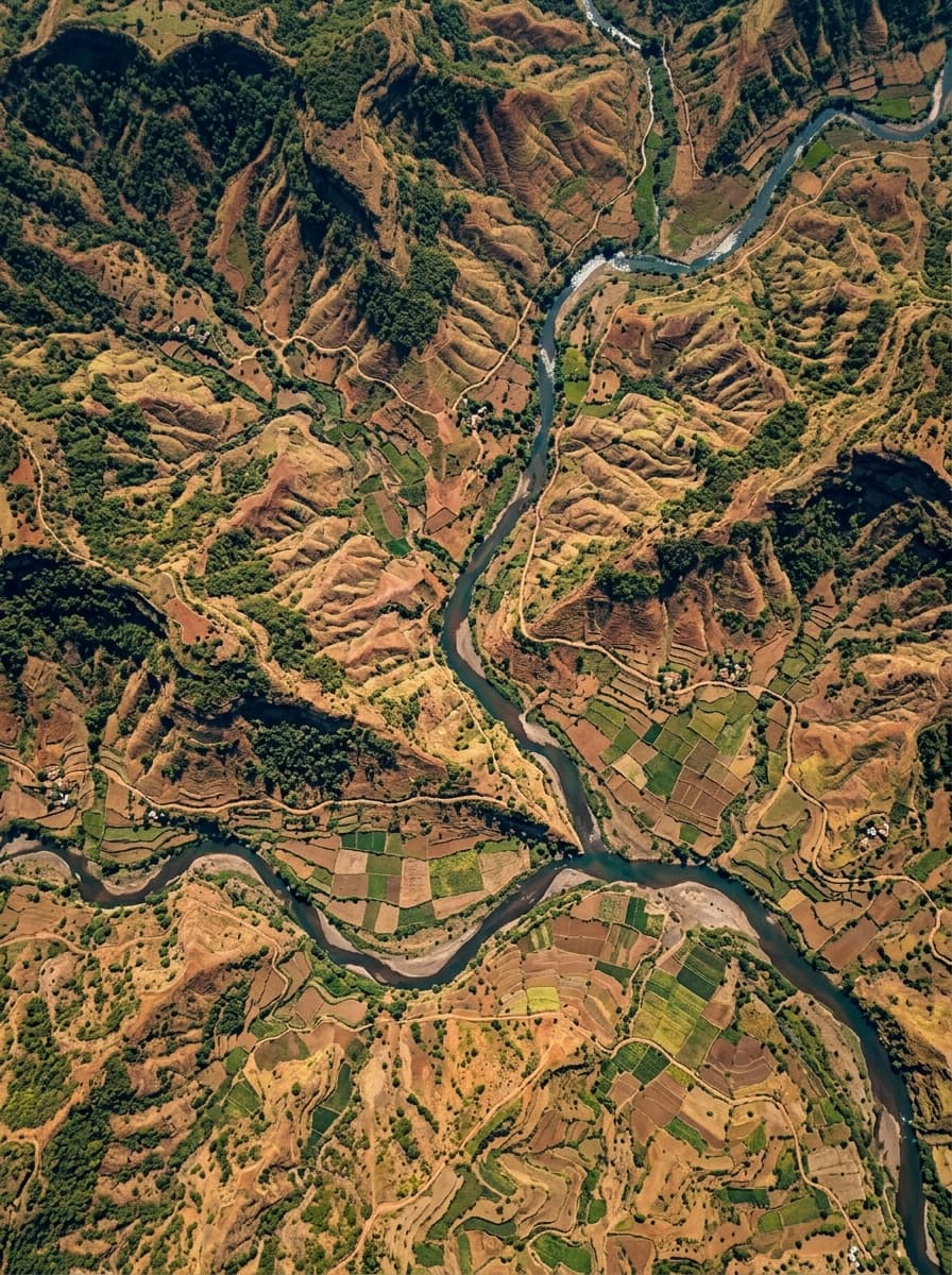 Aerial topographic view of terrain with river drainage and natural features