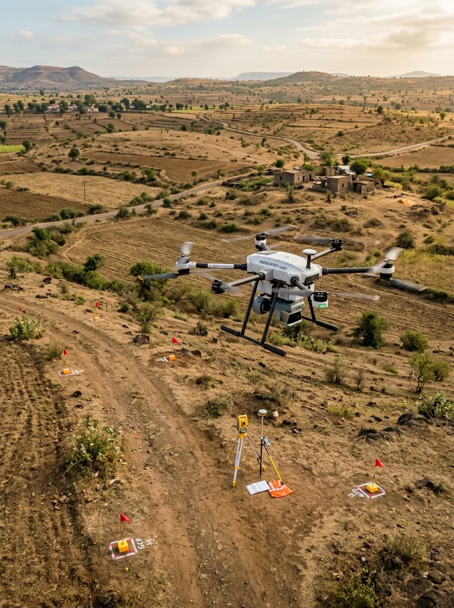 Professional survey drone flying over terrain with GNSS equipment visible on the ground